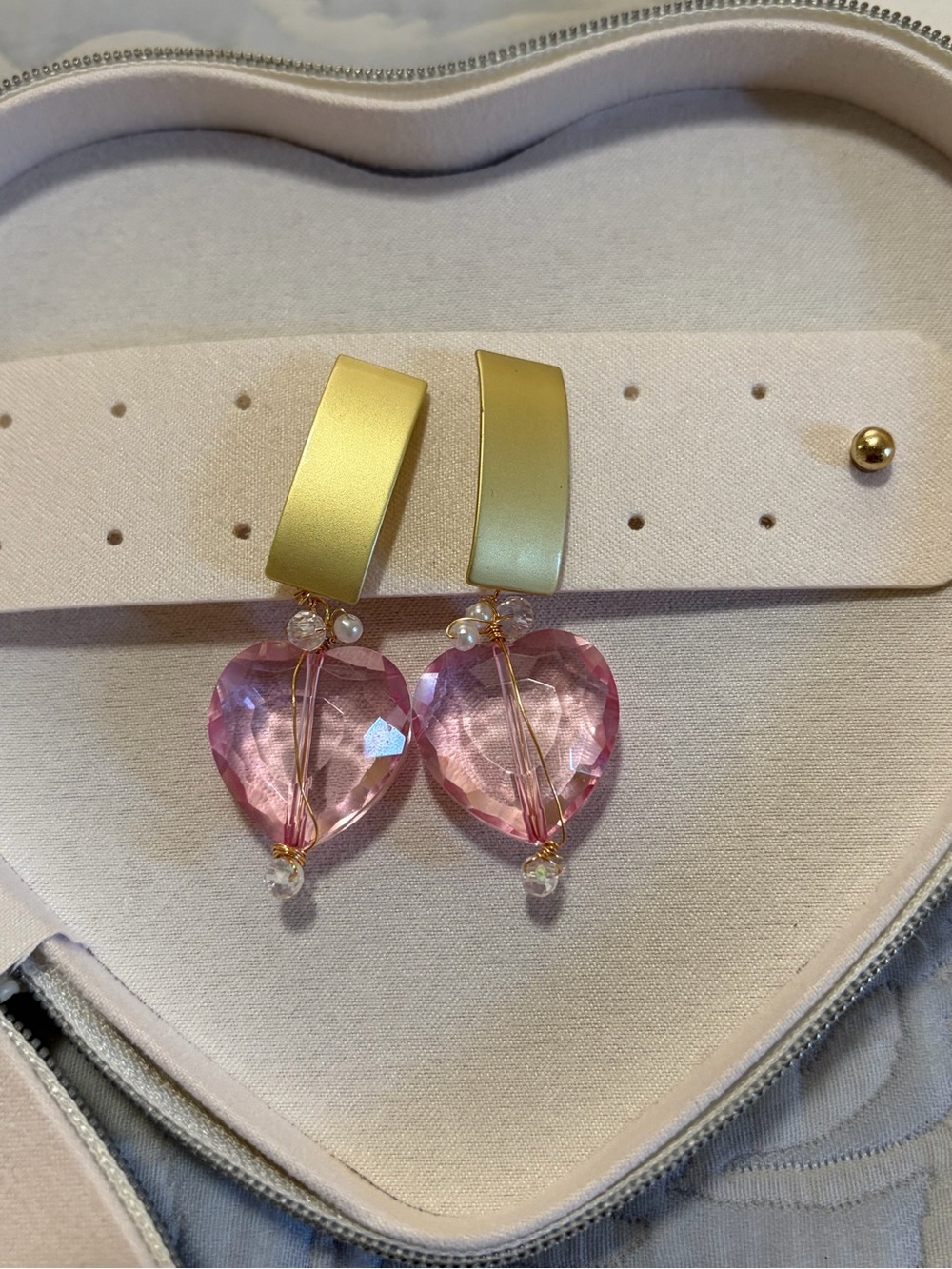 Handmade Pink Crystal Heart Earrings - Gold Bar Drop - Valentine Statement